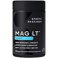 Sports Research Magtein Magnesium L-Threonate Capsules - Magnesium Supplement for Memory, Focus & Cognition - Magnesium L Threonate Supports Brain Health, Sleep & Mood- 2000mg, 180 Capsules for Adults