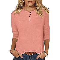 EADINVE Womens Crew Neck 3/4 Sleeve Tops Basic Button T-Shirts Solid Loose Cute Tunic Tee Blouses Fit Pullover