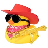 wonuu Rubber Duck Car Ornaments Duck Car Dashboard Decorations for Cool Car Accessories with Cowboy Hat Necklace and Sunglasses, F_red Cowboy hat