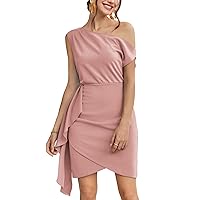 GRACE KARIN 2024 Women's Summer One Shoulder Dresses Short Sleeve Wrap Ruched Ruffle Bodycon Cocktail Party Mini Dress