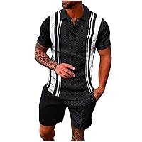 Men's 2 Piece Tracksuit Set Summer Tops and Shorts Sets Fashion Striped Outfits Casual Short Sleeve Athletic Suit