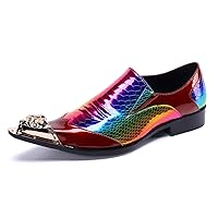 Mens Metal-Cap Formal Shoes Rainbow Snake Pattern Leather Composite Stitched Details Dress Party Prom Loafers for Men