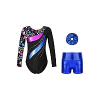 TiaoBug Kids Girls Long Sleeve Gymnastics Leotard Fitness Sports Tumbling Dance Bodysuit with Shorts Scrunchies Set