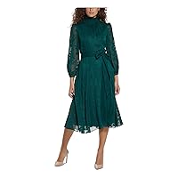 Jessica Howard Womens Green Zippered Lined Floral Long Sleeve Mock Neck Tea-Length Cocktail Shift Dress Petites 12P