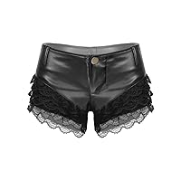FEESHOW Women Lace Sheer Patchwork Glossy PU Leather Shorts Low Waist Fashion Button Hot Pants