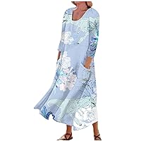 3/4 Sleeve Dresses for Women Summer Boho Maxi Dresses Printed Beach Sundresses Flowy Casual Long Dress with Pockets
