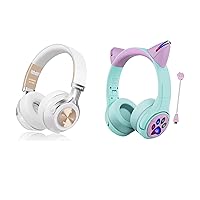 Riwbox Kids Headphones& Bluetooth Over Ear Headphones Bundles, LED Light Up Kids Headphones with Mic,Volume Limited, and Toys for 3-14 Year Old Girls Kids Birthday Valentine Gifts