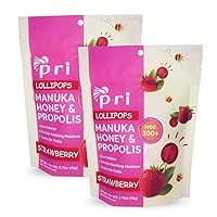 PRI Manuka Honey Lollipops with Propolis, Certified MGO 300+ - Throat Soothing, Strawberry Flavor, (24 Lollipops, 5.46oz)