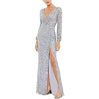 Mac Duggal Womens Sequined Long Evening Dress Gray 10
