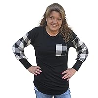 Plaid Solid Contrast Long Sleeve Round Neck Top - Black