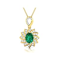 Sunflower Shape Lab Made Emerald 925 Sterling Silver Pendant Necklace with Cubic Zirconia Link Chain 18