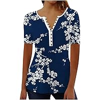 Button Down Shirts for Women Summer Floral Print Tunic Empire Waist Short Sleeve Henley v Neck Spring Blouses