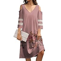Women Summer Dress Cold Shoulder Dress for Women 2024 Bohemian Print Casual Sexy Patchwork with 3/4 Length Sleeve V Neck Dresses Rose Gold 3X-Large