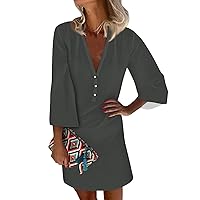 3/4 Sleeve Dress for Women, Casual Dresses V Neck Three Quarter Button Sundress Summer Business 2024, S XXXL