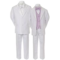 Unotux 7pcs Boys White Suits Tuxedo with Satin Lavender Bow Tie Vest Sets (S-20)