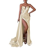 Strapless Satin Prom Dress for Women Sweetheart Wedding Party Dresses Pleats Ruching Evening Gown with Train