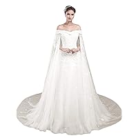 Women's Off Shoulder Tulle Long Ball Gown Prom Dress A Line Lace Wedding Gown Ivory