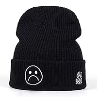 Autumn and Winter Sad Boy Crying Face Embroidered Beanie Stocking Cap Cancer Chemo Turban Headbands Winter Crochet Hat Ski Knit Hat Black