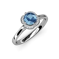 Round Blue Topaz & Natural Diamond 1 ctw 21 Stone Women Halo Engagement Ring 18K Gold