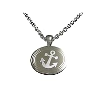 Silver Toned Etched Oval Leaning Nautical Anchor Pendant Necklace