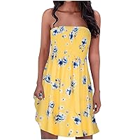 Women Sleeveless Strapless Off The Shoulder Dresses Floral Dresses for Women Beach Hawaiian Ruched Midi Dresses