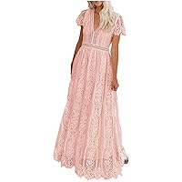 Womens Summer Wedding Guest Maxi Dress Plus Size Sexy V Neck Casual Lace Cap Sleeve High Waist Flowy Long Dress