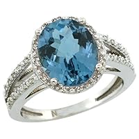 Sterling Silver Diamond Halo Natural London Blue Topaz Ring Oval 11x9mm, 7/16 inch Wide, Sizes 5-10