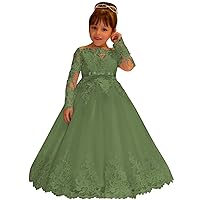 Lace Tulle Flower Girl Dress for Wedding Long Sleeve Princess Dresses Sage Green Pageant Party Gown with Bow Size 5
