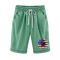 Independence Day Shorts for Women, Womens Loose Flag Print Cotton Linen Shorts Casual Elastic Waist Bermuda Shorts