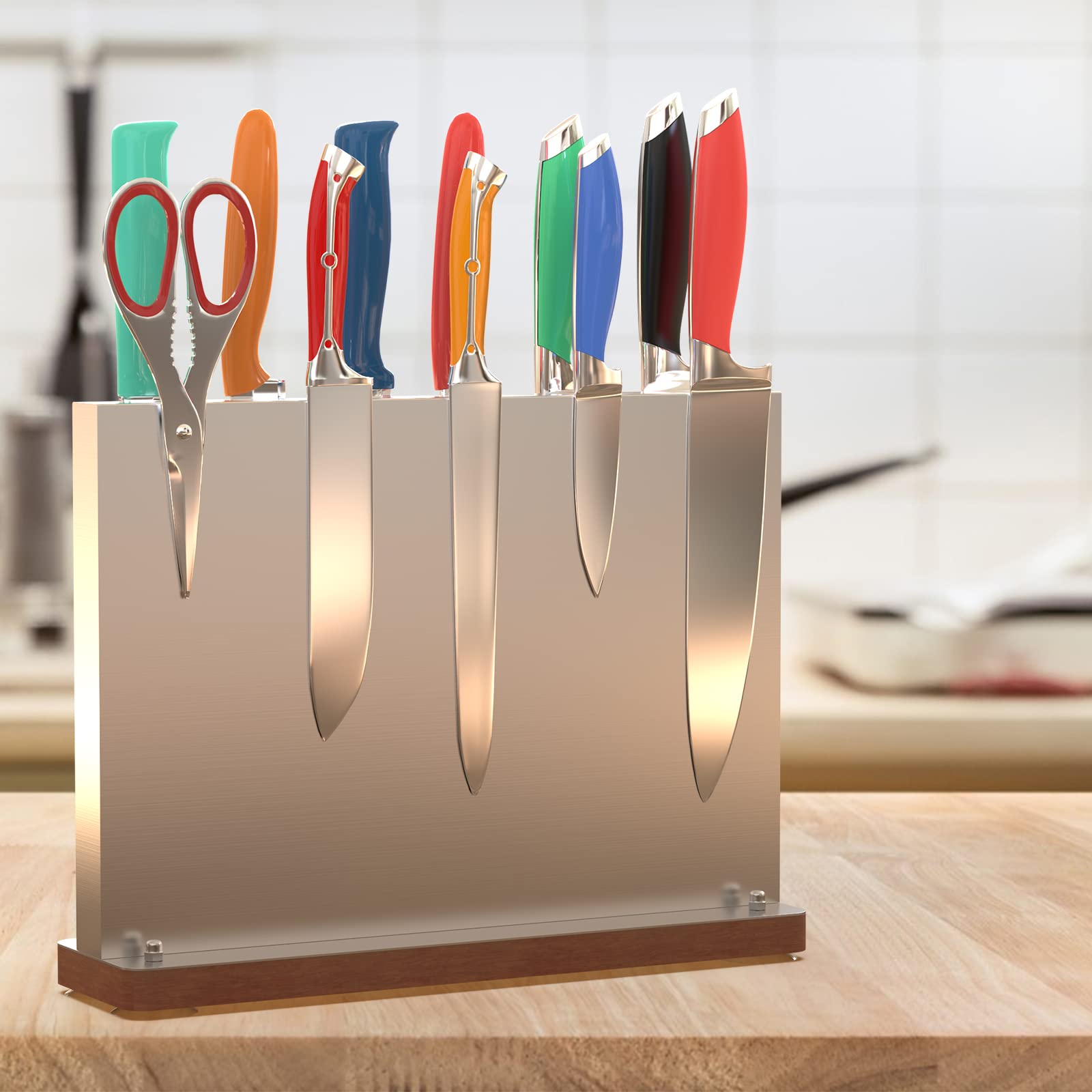 Magnetic Knife Block,Stainless Steel Magnetic Knife Holder Rack for Kitchen Counter,Strong Double Sided Magnet Knife Storage Stand with Wood Base