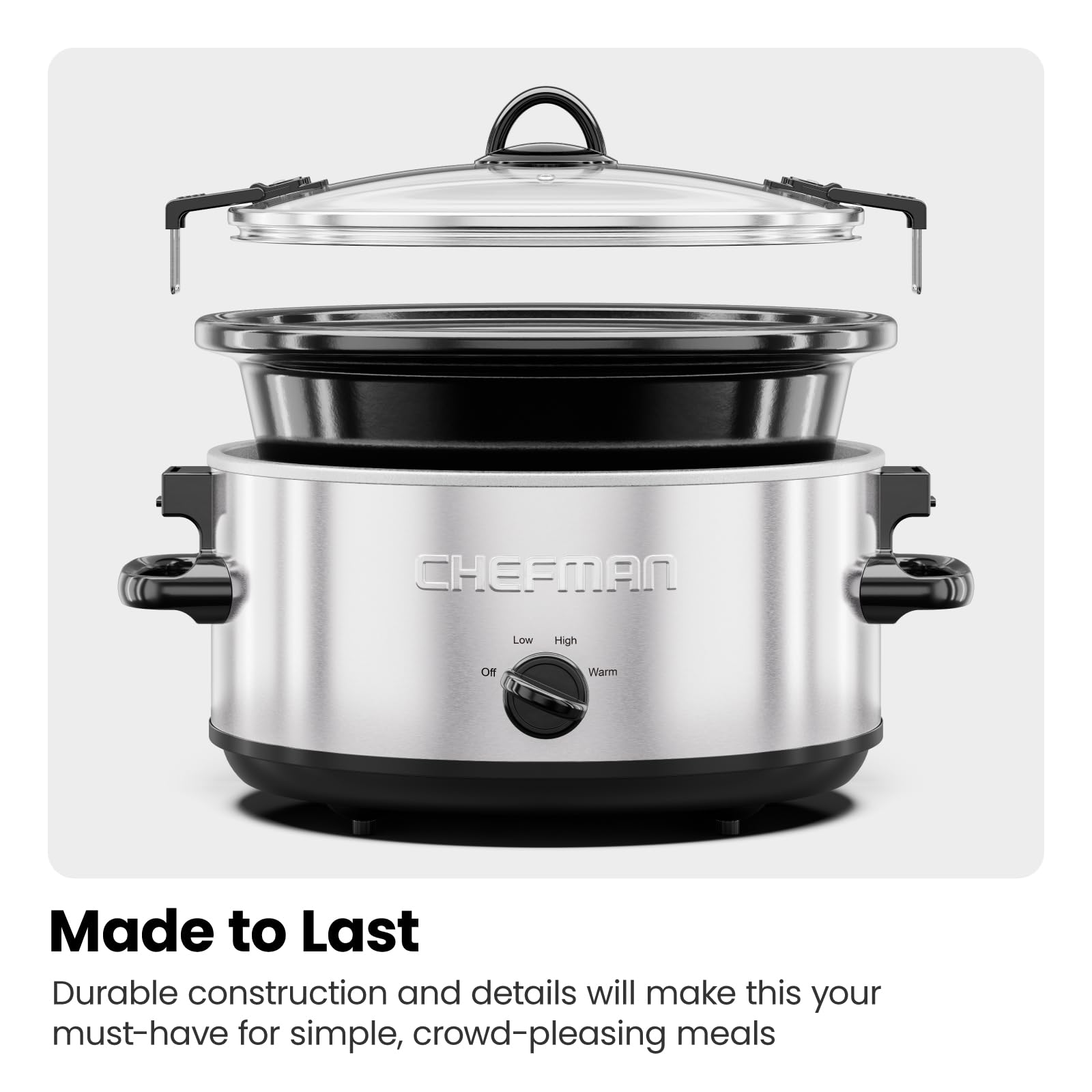 Chefman 6 Quart Slow Cooker with Locking Lid, Ceramic Crock with Portable Cook and Carry Travel Latching Lock, Large Easy Clean Dishwasher Safe Pot Insert, Manual 3 Heat Settings, Stainless Steel