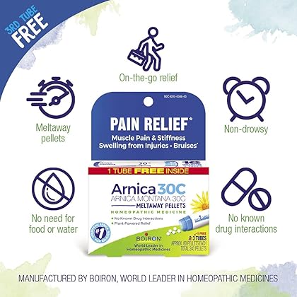 Boiron Arnica Montana 30C Homeopathic Medicine for Relief from Muscle Pain, Muscle Stiffness, Swelling from Injury, and Discoloration from Bruises - 3 Count (240 Pellets)