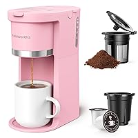 Famiworths Mini Coffee Maker Single Serve, Instant One Cup for K Cup & Ground Coffee, 6 to 12 Oz Brew Sizes, Capsule Coffee Machine with Water Window and Descaling Reminder, Romantic Pink
