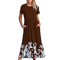 Womens Short Sleeve Dress Dress for Women Crew Neck Beach Hawaiian Pleated Maxi Long Summer Fall Dress 2024