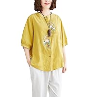 Embroidered Three-Dimensional Flower Short-Sleeved Shirt Women's Cotton Linen Spring Summer Comfortable Shirt