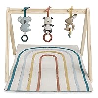 Itzy Ritzy Activity Gym – Premium Wooden Baby Gym Includes Quilted Play Mat and 3 Removable Toys; Rainbow