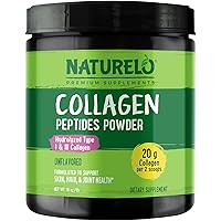 NATURELO Collagen Peptide Powder, Hydrolyzed Collagen Type I & III, Skin Hair & Joint Health - Unflavored, 16 Ounces | 45 Servings