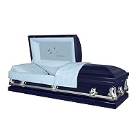 Titan Casket Orion Panel Collection (Dark Blue, Going Home) Handcrafted Funeral Casket - Dark Blue with Light Blue Crepe Interior & 'Going Home' Head Panel