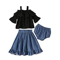 ACSUSS 3Pcs Toddler Kid Girls Ruffle Cami Top Fashionable Summer Outfit Middle Sleeve with Split Skirt Underwear Set
