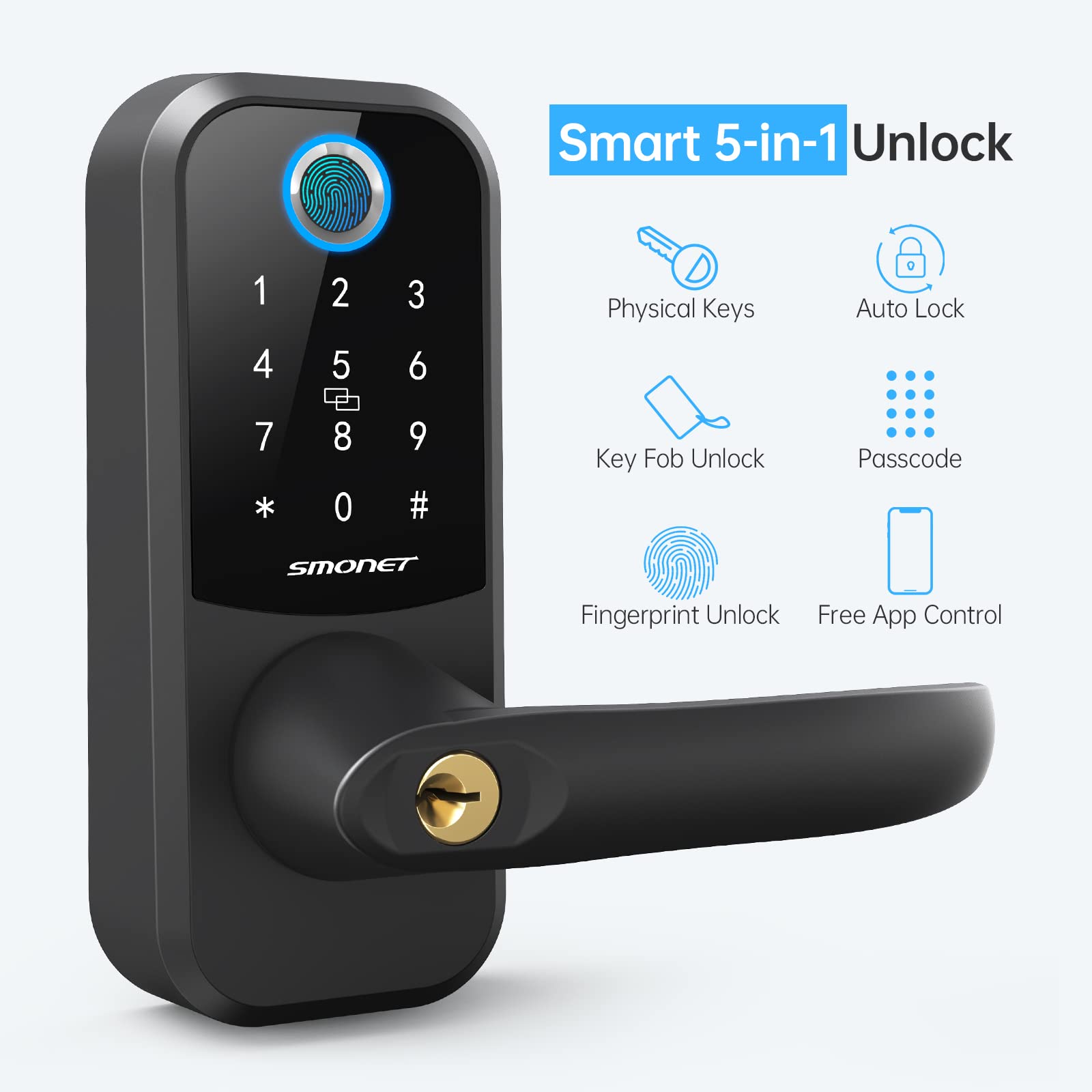 Smart Lock,SMONET Fingerprint Door Lock with Keypad,Keyless Entry Door Lock with Handle,Wireless Electronic Bluetooth Digital Auto Door Lock with Free APP Key Fob Passcode,Smart Locks for Front Door