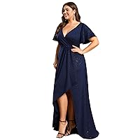 Alisapan Women's Deep V Neck A Line Ruffle Sleeves Split Plus Size Maxi Evening Dress