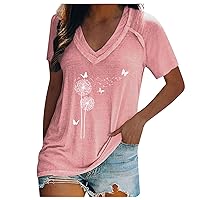 Women Top,Short Sleeve V Neck Shirt Dandelion Print Top Plus Size Casual T-Shirt Soft Comfortable Shirt Blouses