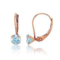 14K Solid Rose Gold 6mm Round Natural Aquamarine Birthstone Leverback Earrings For Women
