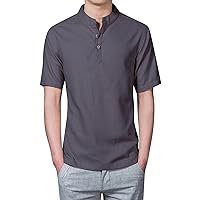 Men's Cotton Linen Henley Shirt Short Sleeve Hippie Casual Beach T Shirts Button Up Beach Summer Shirts Banded Collar