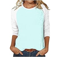 Summer 3/4 Sleeve Shirts for Women, Womens Color Block Crew Neck Blouse Casual Loose Lightweight Tunic Tees Going Out Tops