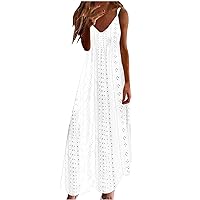 Sundresses for Teens Maxi Dresses for Women 2024 Summer Solid Color Elegant Hollow Trendy Loose with Sleeveless V Neck Dress White XX-Large