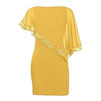 Women's T Shirt Dress Plus Size Cold Shoulder Overlay Asymmetric Chiffon Strapless Sequins Dress Party