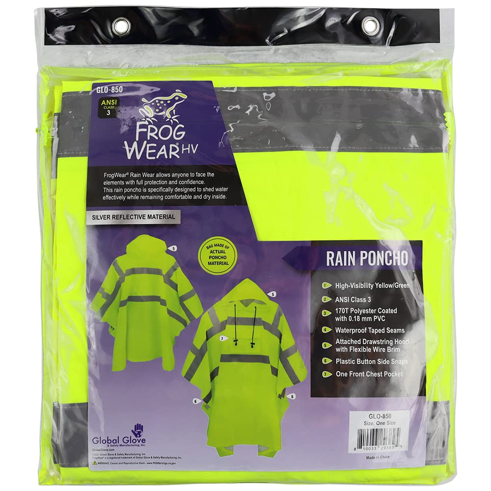 Global Glove Standard Rain Poncho, High-Visibility Yellow/Green, One Size