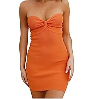Clothes for Women Women Strapless Twist Mini Dress Sexy Ribbed Knit Wrap Dresses High Stretch Bodycon Tube Top Dress Sweater Dresses Mujer Vestir Invierno Orange