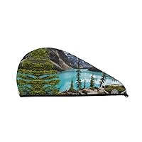 Moraine Lake and The Valley Printed Hair Drying Towel Quick Dry Absorbent Coral Velvet Dry Hair Cap with Button Fixed for Drying Long Thick Hair